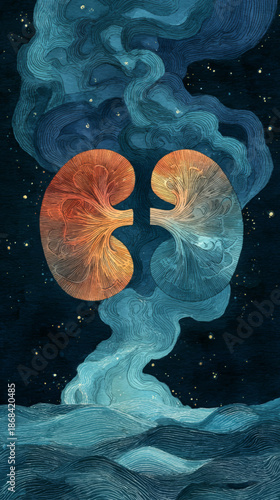Golden human kidneys floating in cosmic waves, symbolic renal health illustration blending medical science and celestial abstract design