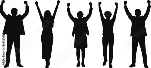 Celebrating people silhouettes with raised arms, success and victory concept, diverse men and women cheering together isolated white background illustration