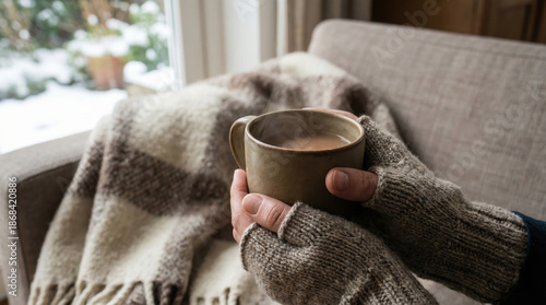 Person holding a warm mug indoors on a cozy couch