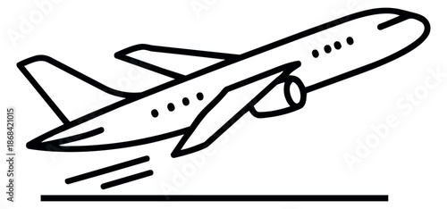 Hand drawn line art illustration of an airplane depicting taking off for travel