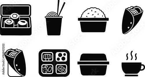Black and white of sushi takeout box noodles wrap rice and coffee cup food delivery