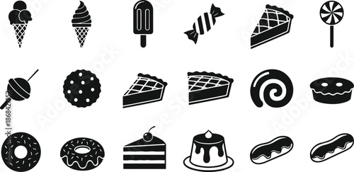 Black and white of various sweet treats and desserts ice cream cone soft serve ice cream