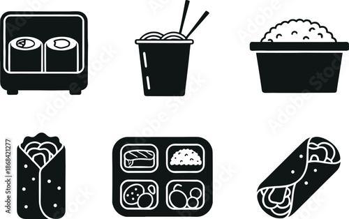 Black and white of sushi rice rolls noodles and burritos