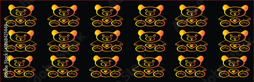 Vibrant repeating pattern of teddy bear icons with hearts featuring a warm yellow-to-orange gradient on a black background. Ideal for playful designs, nursery wallpapers, greeting cards.