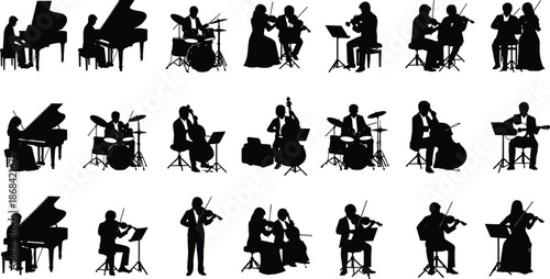 Musician silhouettes playing instruments, classical orchestra performers, piano violin cello drums artists, black figures isolated on white background illustration