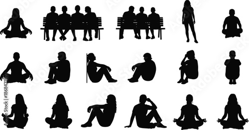 People silhouettes sitting meditating relaxing, diverse men women poses, bench seating yoga meditation figures isolated white background vector illustration set