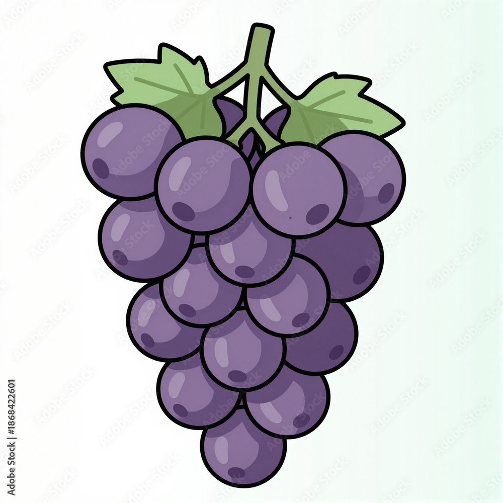 Fototapeta premium Cartoon cluster of purple grapes with green leaves on a white background
