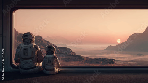 Astronaut Family Sitting Inside Space Habitat Watching Vast Martian Landscape Through Panoramic Window Representing Future Human Colonization
