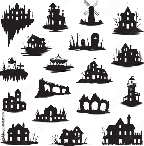 black silhouettes of old abandoned houses and buildings