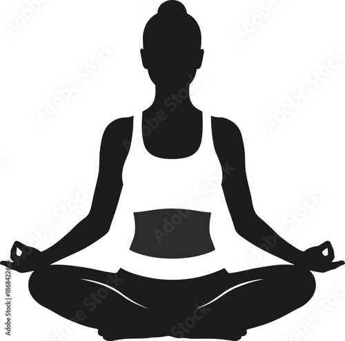 Black silhouette of woman meditating in lotus position with white tank yoga meditation