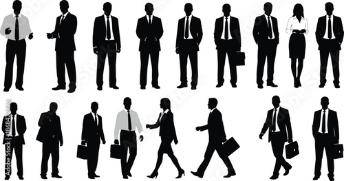 Black silhouettes of business people in suits in various poses and actions women
