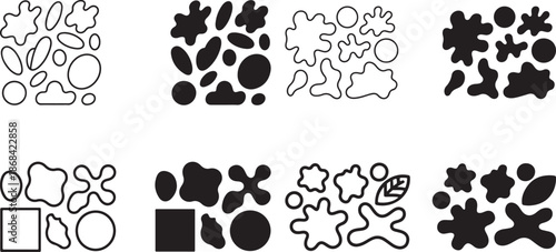 Collection of abstract organic shape icons in black and white for design elements