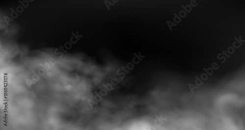 White smoke cloud with overlay effect on dark background. Realistic fog texture spreading along the floor. 