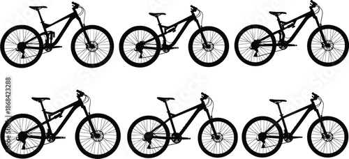 Black silhouettes of mountain bikes in various positions and styles bicycle white background