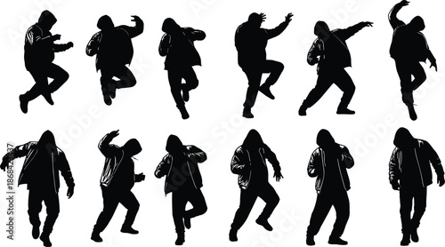 Black silhouettes of people dancing in various dynamic poses on a white background