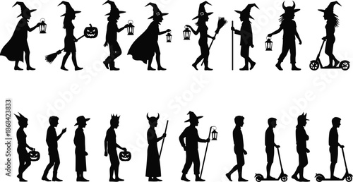 Black silhouettes of people in Halloween costumes walking and riding scooters on white background