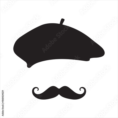 Beret hat and moustache silhouette, Black french beret hat silhouette vector illustration, 