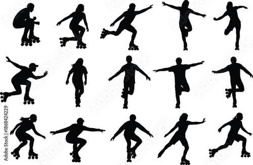 Black silhouettes of people rollerblading in various dynamic poses on white background