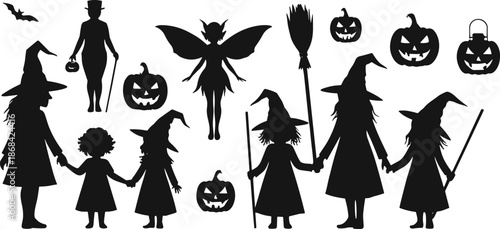 Black silhouettes of witches pumpkins bat fairy and man in hat on white background