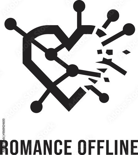 Black heart shape with lines and dots breaking apart on white background with romance offline text
