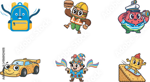 A bundle set collection with cartoon characters with backpack, burger sailor, car jester, cheese blue backpack, yellow and blue smiling backpack