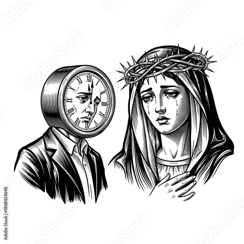 Surreal Religious Illustration of Mary and Clock Head