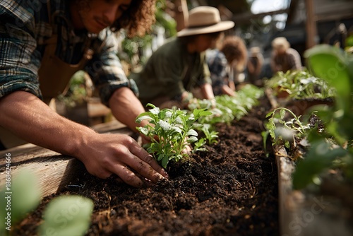 Wallpaper Mural Neighbourhood volunteers watering and planting in a shared garden space, eco-friendly gardening Torontodigital.ca