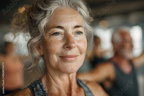 Wallpaper Mural Fit senior woman practising balance exercises in a supportive class environment, senior fitness Torontodigital.ca