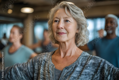 Wallpaper Mural Senior adult woman working on stability exercises in a group exercise session, active lifestyle Torontodigital.ca