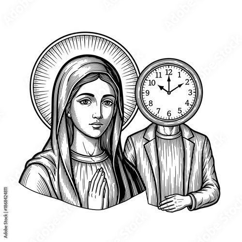 Virgin Mary and Clock Head Figure Religious Art