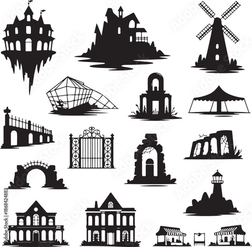 black silhouettes of various buildings and structures on white background