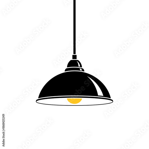 Black industrial pendant light with yellow bulb