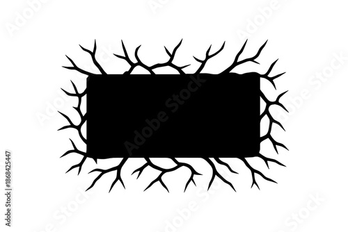 Black rectangular frame surrounded by spiky bare branches on a white background