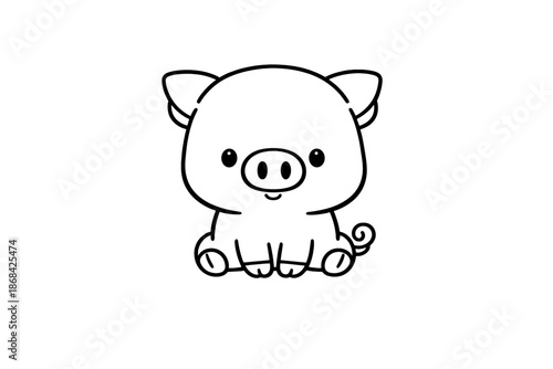 Adorable sitting piglet character in simple kawaii style perfect for children's projects and coloring pages