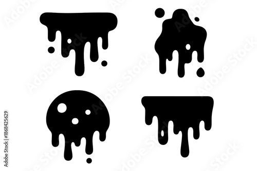 Four abstract black liquid drips and melting paint splatters on a white background