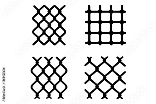 Collection of four different fence mesh patterns and wire grid icons for security concepts