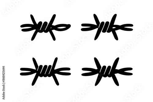 Stylized black barbed wire segments isolated on a clean white background