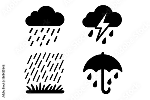 Black and white weather icons set featuring rain, thunderstorm, and umbrella symbols