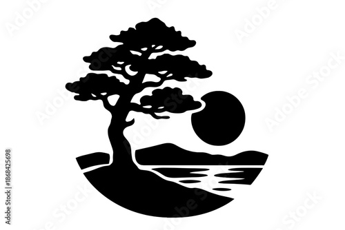 Stylized silhouette of a traditional Japanese pine tree overlooking a tranquil lake at sunset
