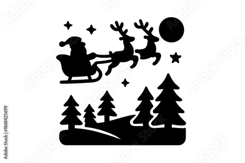 Santa Claus flying in a sleigh pulled by reindeer over a winter forest landscape at night