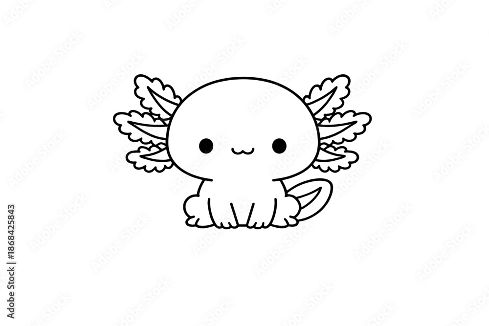 Obraz premium Cute kawaii axolotl sitting down simple black outline on white background