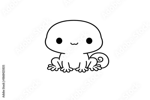 Adorable minimalist small cartoon reptile character with large eyes and curled tail
