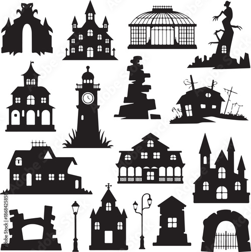 black silhouettes of various halloween buildings and structures