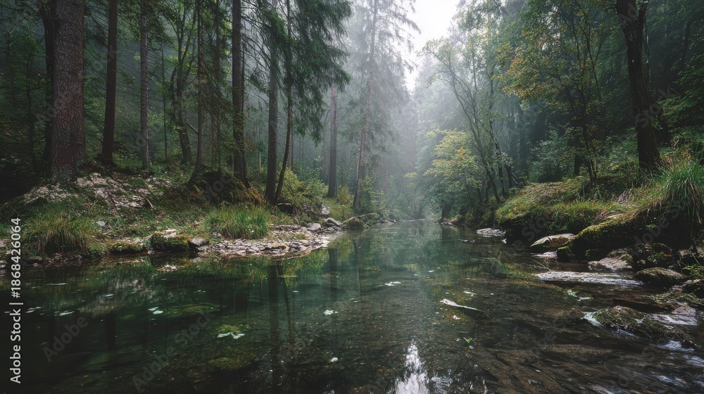 Fototapeta premium Serene Forest Stream with Fog and Lush Green Vegetation