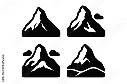 Four distinct black and white mountain peak symbols for outdoor exploration