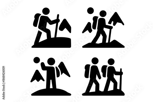 Black silhouette icons of hikers and mountaineers reaching mountain peaks
