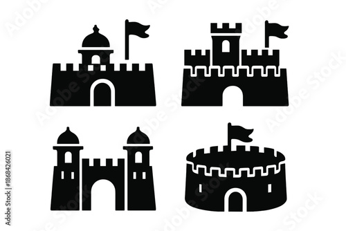 Simple black set of four historical castles and fortresses silhouettes with flags