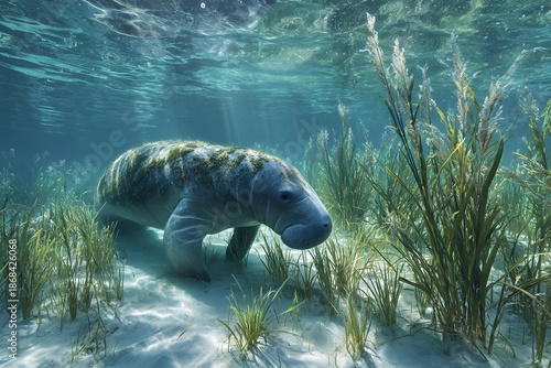 Wallpaper Mural Underwater dugong grazing in shallow coastal waters, underwater scene Torontodigital.ca