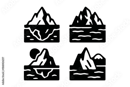 Four distinct black and white symbols of large icebergs floating in the ocean