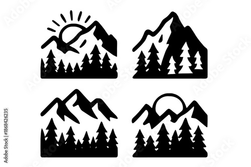 Nature adventure logos featuring mountains, pine trees, and rising sun symbols